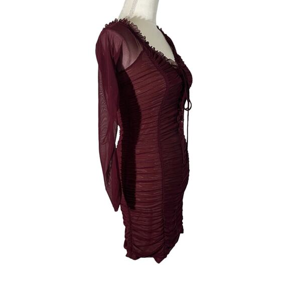 Majorelle Darling Dress in Merlot Ruched Mesh Ruffle Trim Bodycon Size Medium - Picture 3 of 8